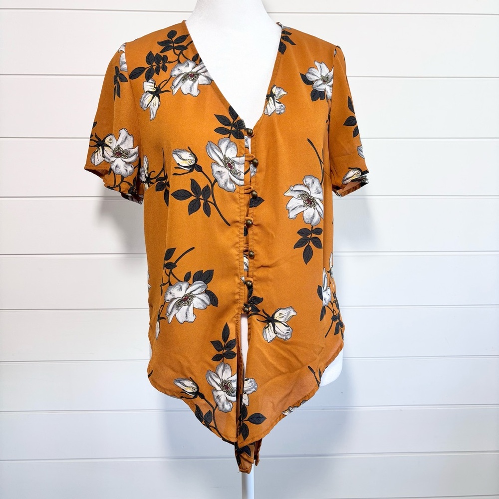 URBAN Romantics Tie Front Burnt Orange Floral Top/ Blouse Size S